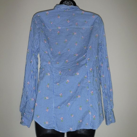J Crew Mercantile Blue Stripe Pink Floral Shirt Button Front Long Sleeve 23871 - Picture 2 of 3